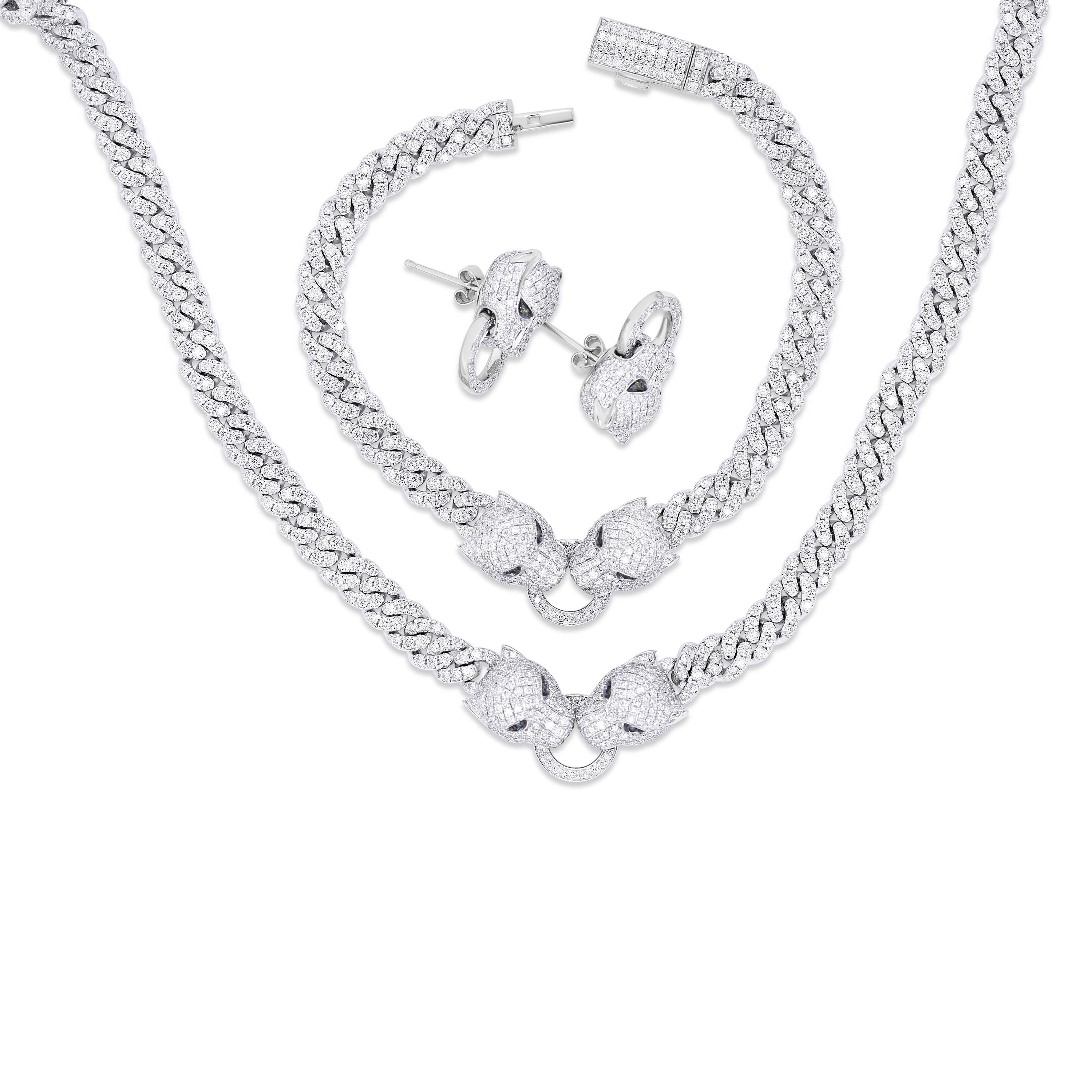 Diamond Panther Complete Necklace/Bracelet/Earrings set 3.70 ct. 14K White Gold